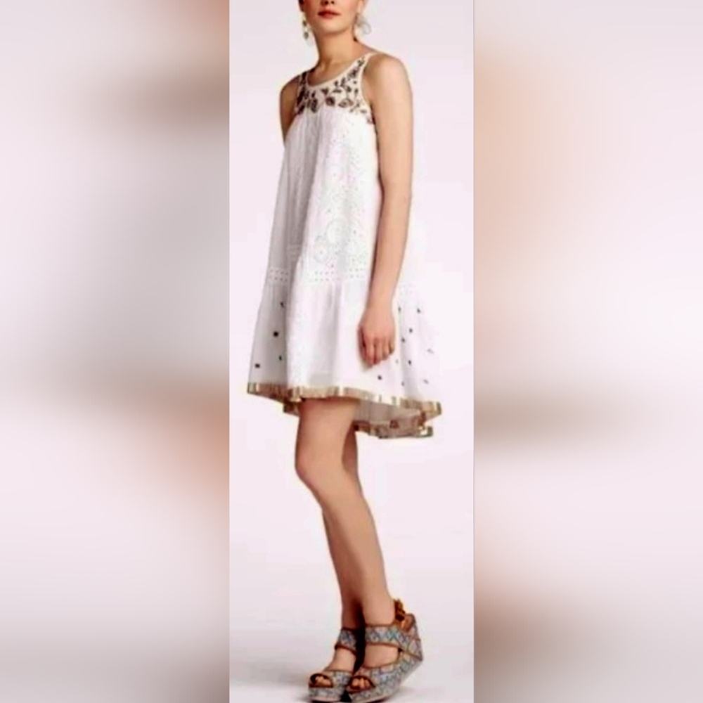 Anthropologie Leifnotes Elegant White&Gold A-line Dress Knee Length 2/XS NEW